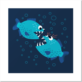 Funny Gossiping Blue Piranha Fish Posters and Art